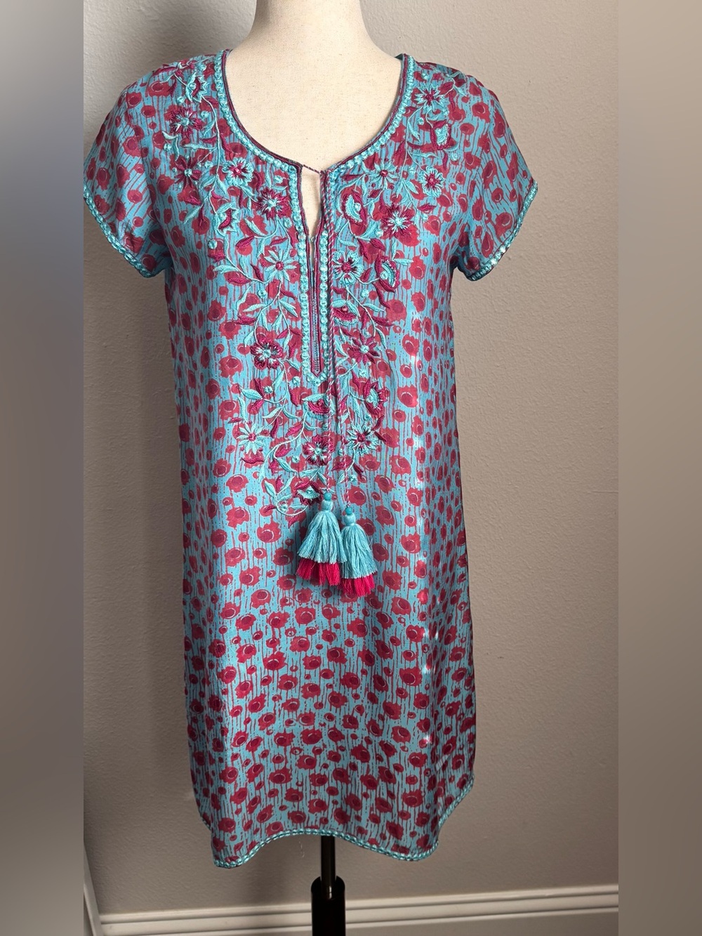 Sulu Collection Silk Cotton Embroidered Tunic Dress Size S India
